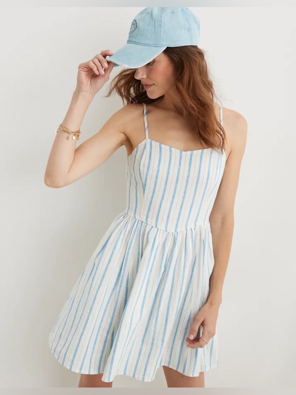 aerie Linen Blend Tank Dress Blue & White Striped Spaghetti Strap Mini Dress